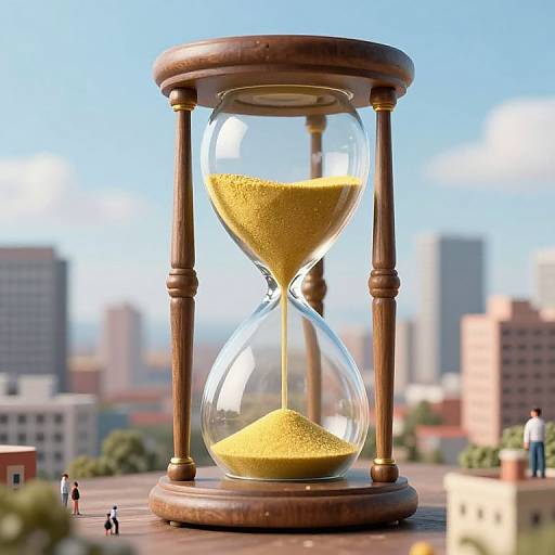 Digital illustration of a giant wooden hourglass with flowing yellow sand, set against a cityscape background with small people around.