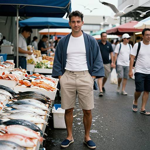 Photograph of a young man with short dark hair, wearing a blue cardigan, white t-shirt, beige shorts, and navy shoes, standing at