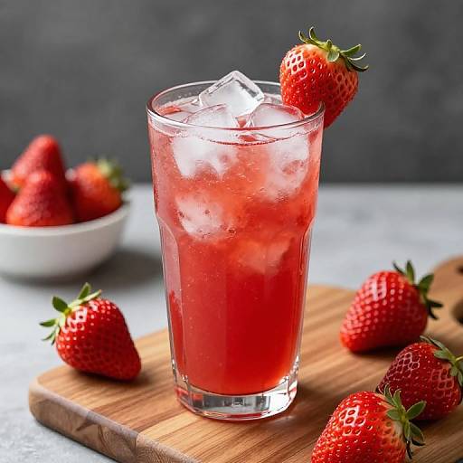 Photograph of a red strawberry cocktail in a clear glass with ice, garnished with a strawberry, on a wooden board with additional strawberries in the background