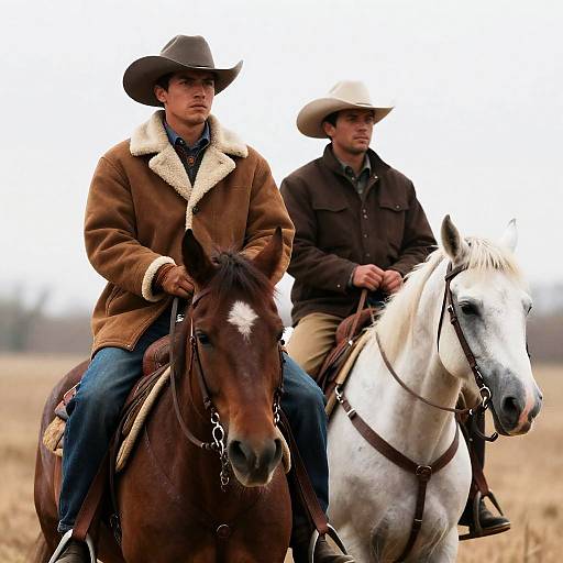 Two Cowboys Riding in an Open Field