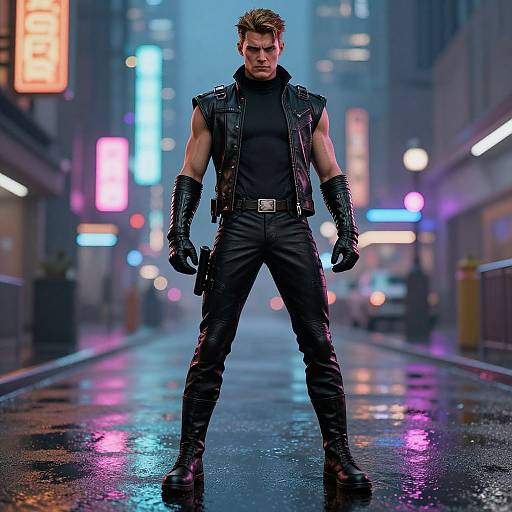 Photorealistic digital art of a muscular, blonde man in a black leather vest, gloves, and pants, standing confidently on a neon-lit,
