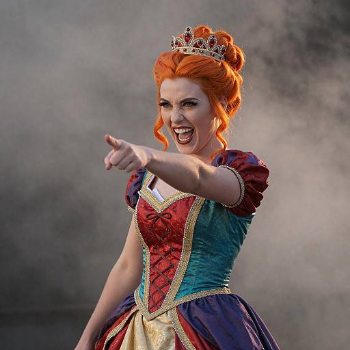 Joyful Woman in Colorful Attire and Fog