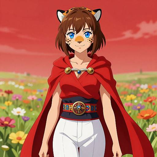 Anime-style drawing of a blue-eyed, brown-haired girl with tiger ears, wearing a red cape, white pants, and a decorated belt, standing in