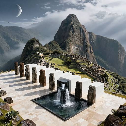 Photograph of a modern water fountain in Machu Picchu, surrounded by ancient stone ruins, with towering mountains and a crescent moon in the cloudy