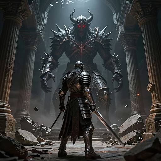 Digital art: Dark, armored warrior with sword faces glowing red-eyed, horned demon in ruined, misty temple with broken pillars and debris.