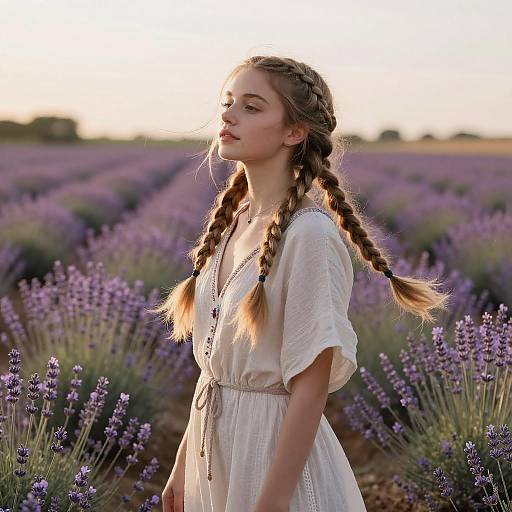 Young Woman in Lavender Field at Golden Hour