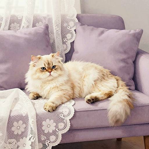 Elegant Persian Cat on Lace Sofa