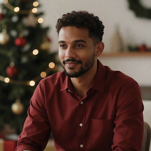 Smiling Man in Red Shirt During Christmas