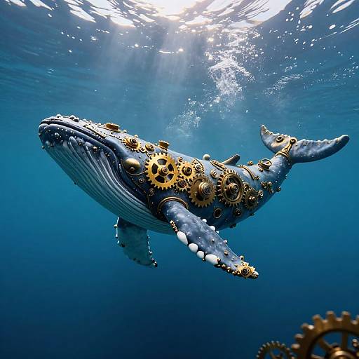 Photograph of a blue whale adorned with intricate, golden gears and cogs, swimming underwater in a sunlit, deep blue ocean.