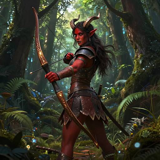 Digital fantasy artwork of a red-skinned, horned female demon warrior with long black hair, armored skirt, and ornate bow, standing in a
