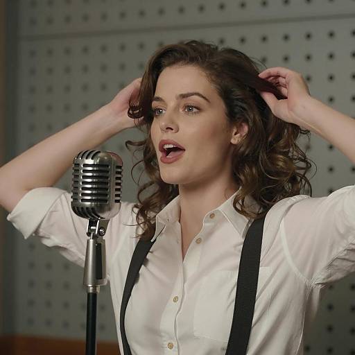 Woman Speaking Into Vintage Microphone