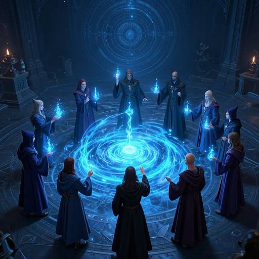 Digital artwork of a circle of robed, hooded wizards casting blue magical spells around a glowing, swirling blue portal in a dark, mystical chamber.