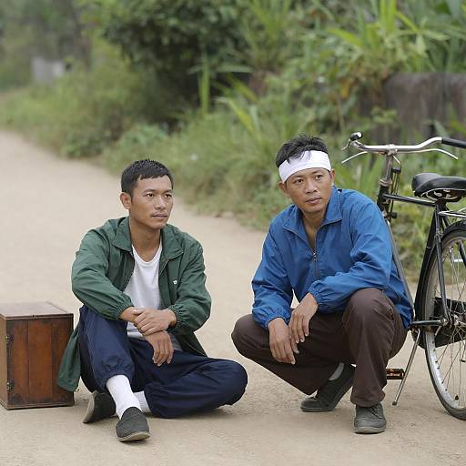 Two Asian Men Sitting on Dirt Path with Bicycle