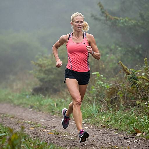 Photograph of a blonde, muscular woman in a pink tank top and black shorts, running on a misty forest trail.