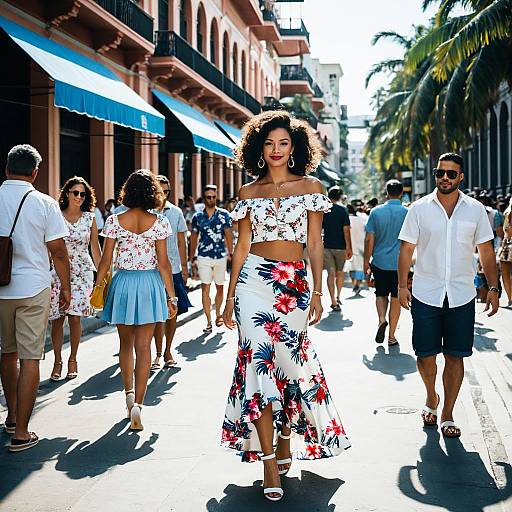 Stylish woman in floral outfit walking in Havana street