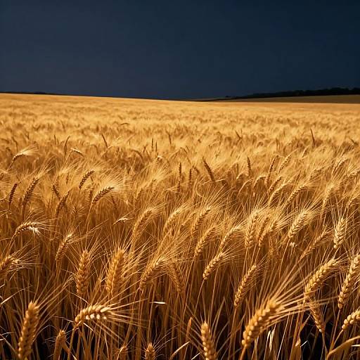Photograph of a golden wheat field under a dark blue night sky, with wheat stalks illuminated by artificial light, creating a striking contrast.