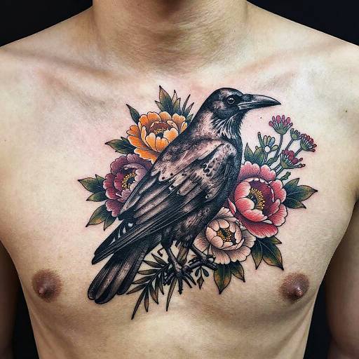Gothic Crow and Floral Chest Tattoo