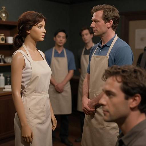 Cinematic Wax Figures in Dim Workshop