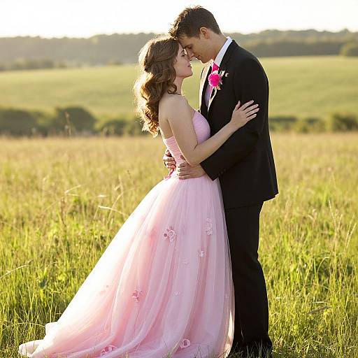 Photograph of a romantic couple in an outdoor field, the bride in a pink, floral-embellished gown and the groom in a black t