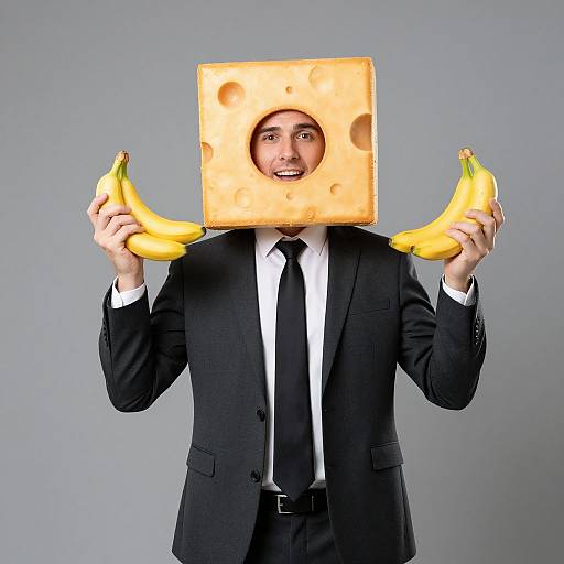 Photograph of a man in a black suit and tie, holding two bananas, with a cheese cube for a head, grey background.