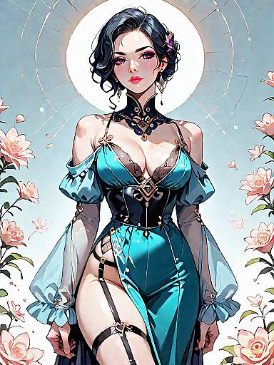 Elegant Woman in Black Silk Slip Dress with Sheer Kimono