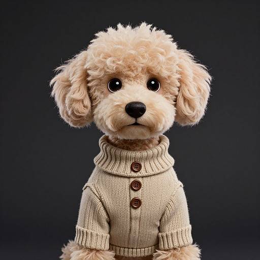 Photograph of a fluffy, light-brown puppy with large, dark eyes, wearing a beige, buttoned knit sweater against a dark gray background.