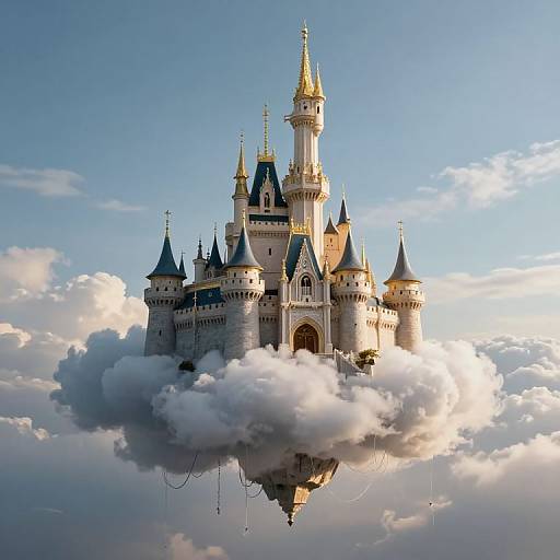 Photograph of a fairytale-style castle with multiple turrets and golden spires, floating on a fluffy white cloud against a bright blue sky.