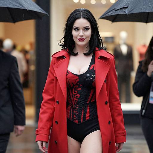 Photograph of a confident, pale-skinned woman with black hair and red lips, wearing a red coat over a black corset bodysuit,
