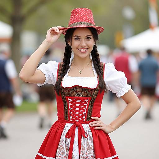 Photograph of a smiling woman with dark braids, wearing a red polka-dot hat, white blouse, red corset dress with lace, and