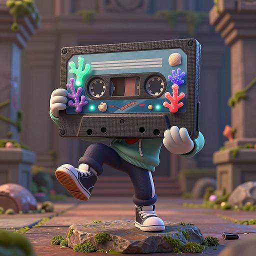 Vibrant Cassette DJ in Ancient Temple