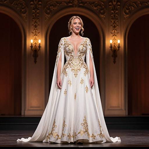 Photograph of a smiling blonde woman in a white, long-sleeved, deep V-neck, gold-embellished wedding gown, standing on