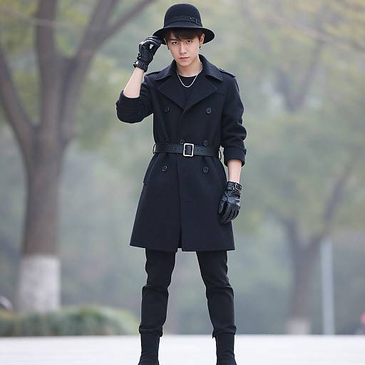 Photograph of a young man in a black trench coat, gloves, and hat, standing in a misty park with trees.
