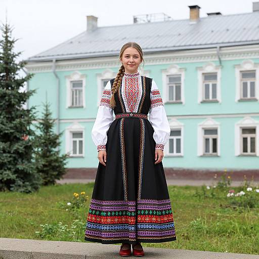 Photograph of a young woman in traditional Eastern European folk dress, standing in front of a light blue house with a white roof. She has a b