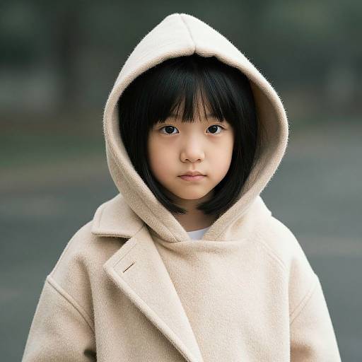Photograph of an East Asian child with straight black hair, wearing a beige, hooded coat, standing outdoors with a blurred, forested background.