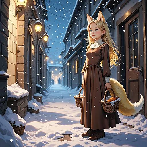 Anime-style digital drawing of a blonde fox-eared girl in a brown dress, holding a basket, standing in a snowy, illuminated alleyway at night