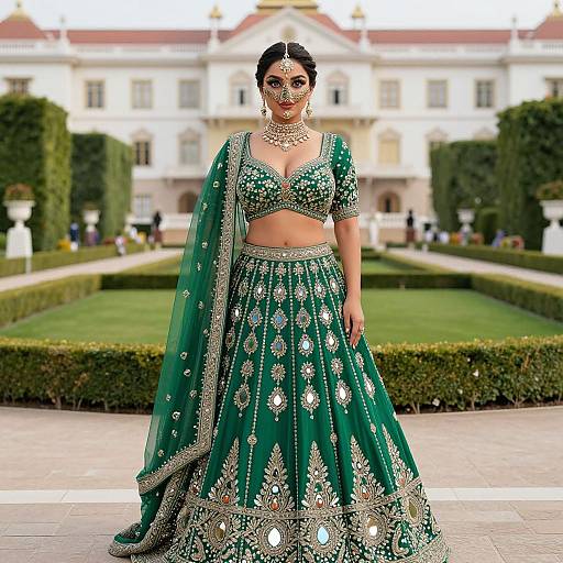 Photograph of a South Asian woman in a green, gold-embellished lehenga and choli, standing in front of a grand mansion with