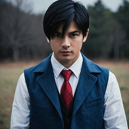 Young Man in Blue Vest and Red Tie Outdoors