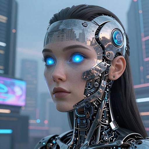 Digital CGI of a cybernetic woman with glowing blue eyes, metallic face, and long dark hair, set in a futuristic cityscape.