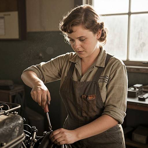 Photograph of a focused, light-skinned woman with short brown hair, wearing a checkered shirt and brown apron, repairing an old machine in
