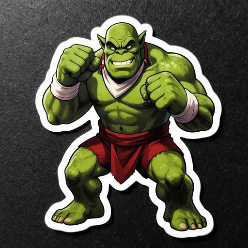 Digital illustration of a muscular, green-skinned orc with pointy ears, red loincloth, white bandages, and clenched fists, set