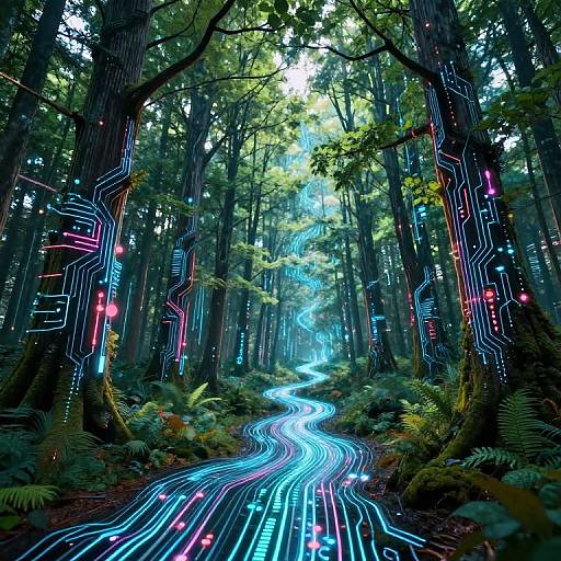 Photograph of a forest with glowing neon blue and pink circuitry patterns on trees, illuminating a winding light trail on the forest floor, surrounded by