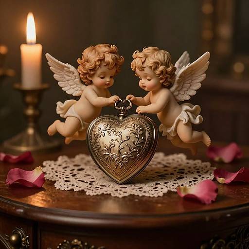 Whimsical Cupids Over Vintage Heart Locket