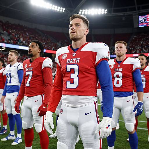 Photograph of four NFL players in red and white jerseys standing on a brightly lit football field, with stadium lights in background. Players wear gloves and pants