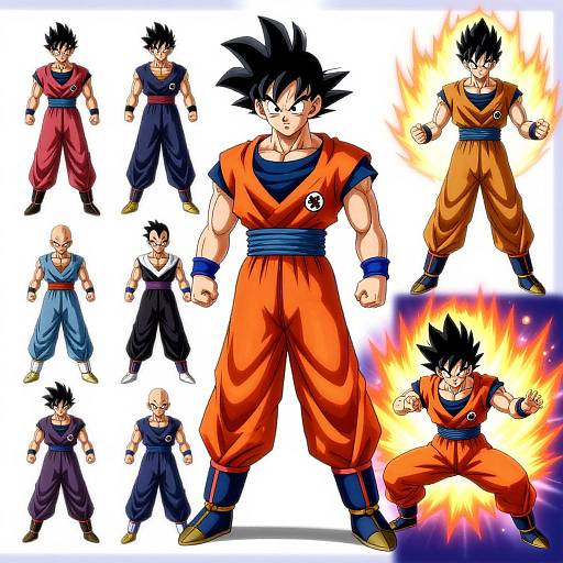 Digital art of multiple Goku and Vegeta poses from Dragon Ball series; showcasing different outfits, stances, and power blasts.