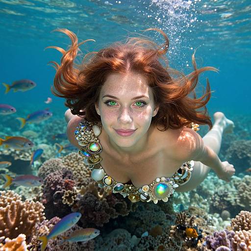 Photograph of a red-haired woman with green eyes swimming underwater, surrounded by colorful coral and fish, wearing a beaded necklace.