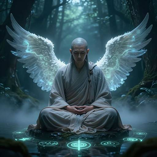 Digital artwork of a bald, serene monk with glowing white angel wings, sitting meditatively on a forest pool with luminescent runes.