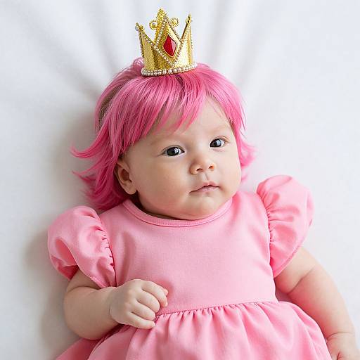 Photograph of a baby with pink hair, wearing a gold crown and pink dress, lying on a white background.