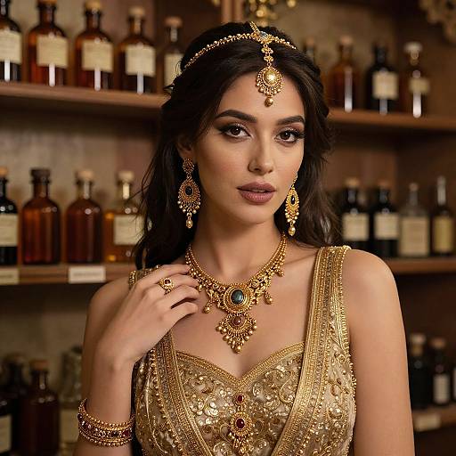Photograph of a beautiful South Asian woman with dark hair, wearing ornate gold jewelry and a gold embroidered blouse, standing in front of a shelf filled