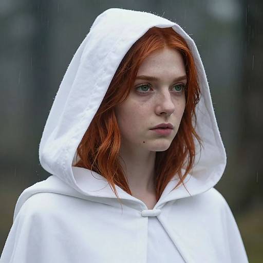 Photograph of a pensive red-haired woman with pale skin, wearing a white hooded cloak, standing in a rainy forest.