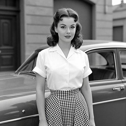 Black-and-white photograph of a 1950s-style woman with dark, wavy hair, wearing a white blouse and checkered skirt, standing in
